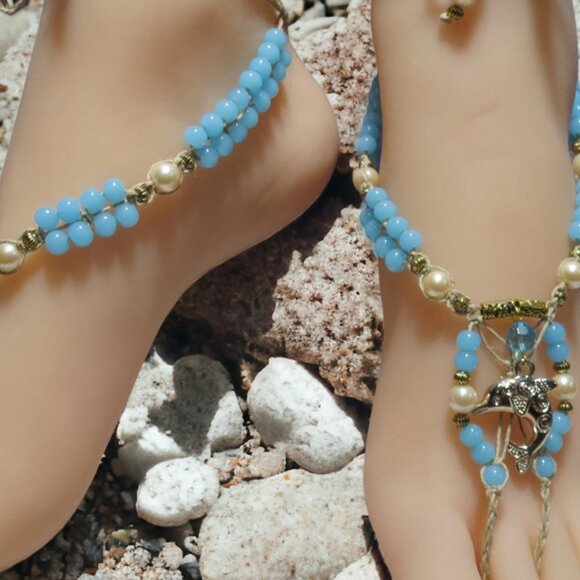 NEW Dolphins & Blue Gemstone Barefoot Sandals. Belly dance foot jewelry. - Picture 3 of 5